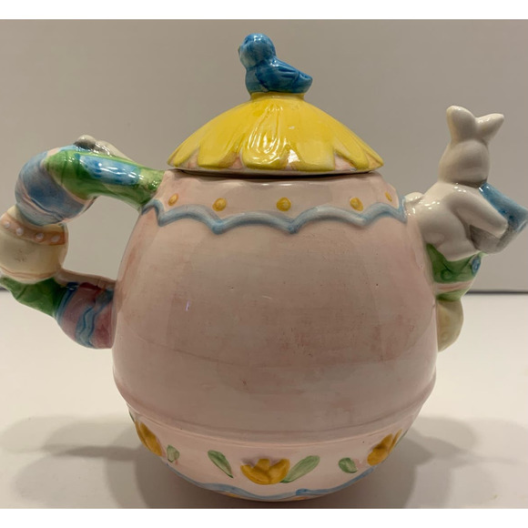Easter Egg Ceramic Pink Teapot Bunnies and Bluebird - Picture 4 of 9